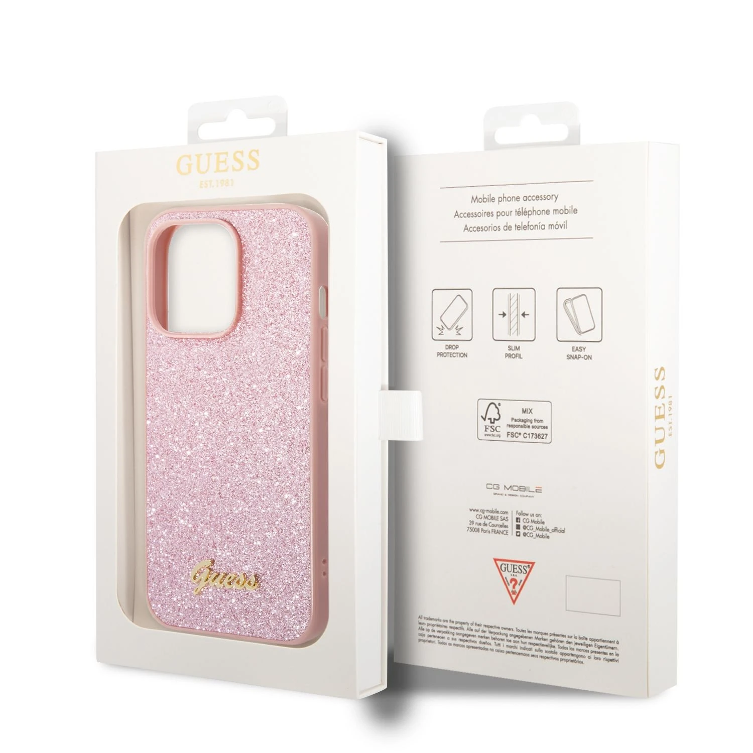 Guess GUHCP14XHGGSHP Apple iPhone 14 Pro Max 6,7" dėklas telefonui rožinės spalvos hard case Glitter Script