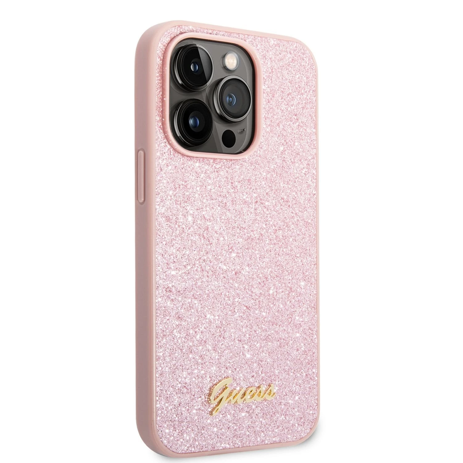 Guess GUHCP14XHGGSHP Apple iPhone 14 Pro Max 6,7" dėklas telefonui rožinės spalvos hard case Glitter Script