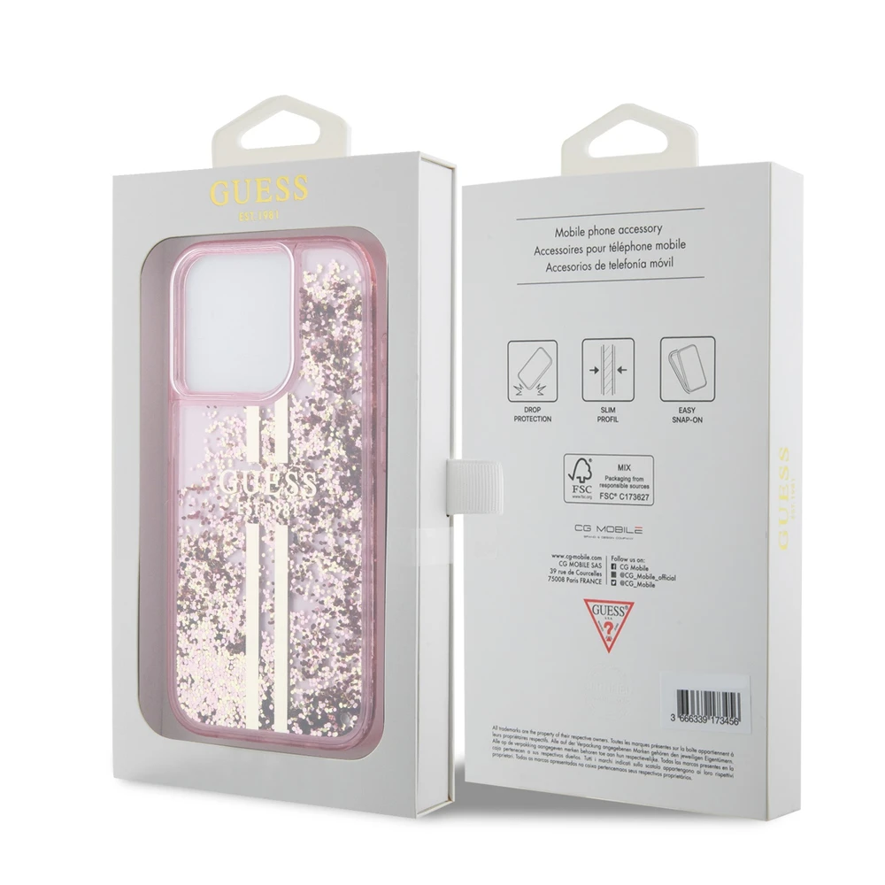 Apple iPhone 15 Pro Guess dėklas Liquid Glitter Gold Stripes (GUHCP15LLFCSEGP) rožinės spalvos