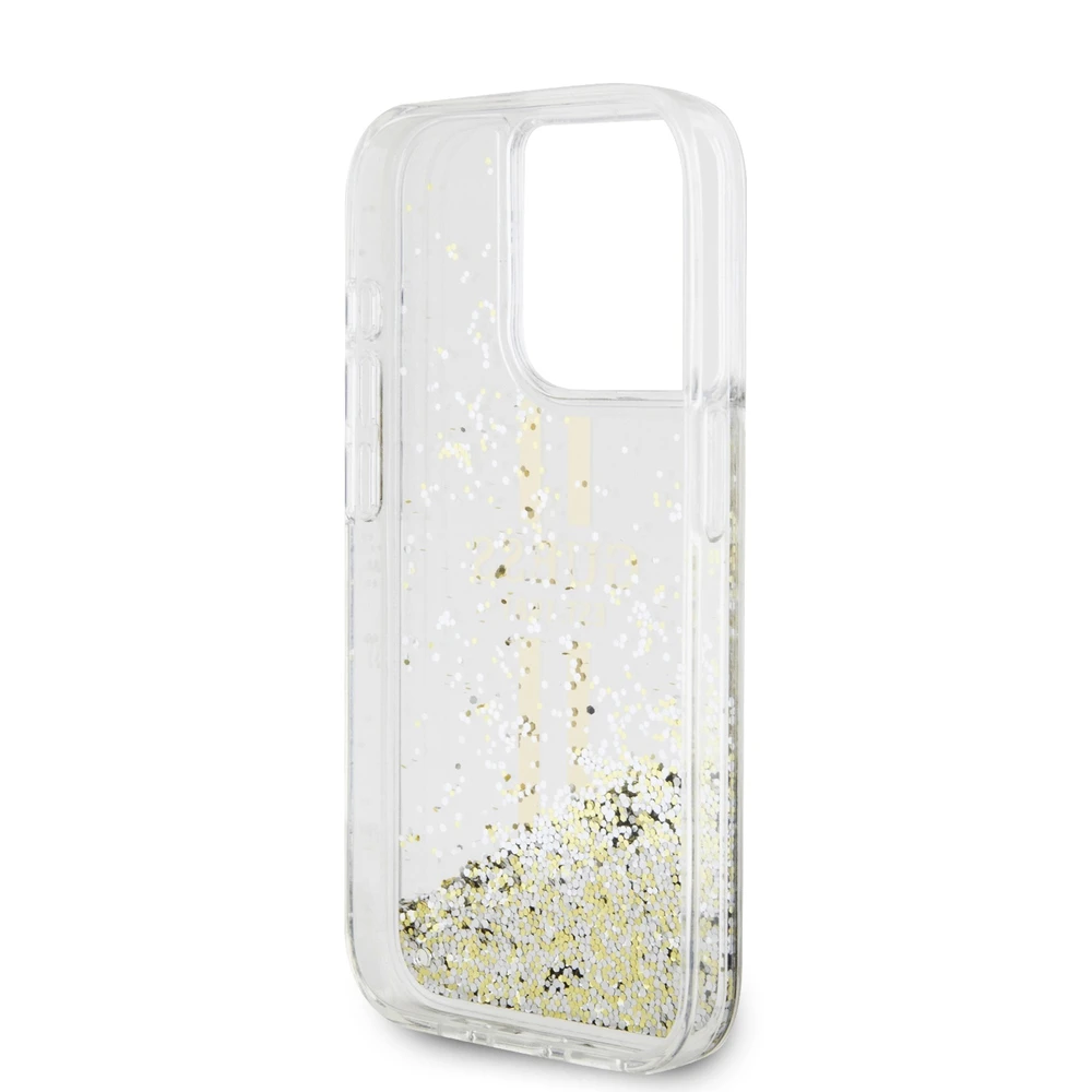 Dėklas GUESS GUHCP15LLFCSEGT IPHONE 15 PRO 6.1 "SKAIDRUS KIETAS DĖLĖLIS SKYSTOS BLIGAUS AUKSO JUOSTOS