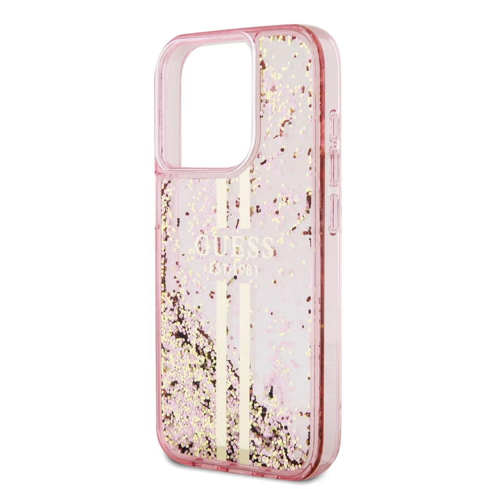 Apple iPhone 15 Pro Guess dėklas Liquid Glitter Gold Stripes (GUHCP15LLFCSEGP) rožinės spalvos