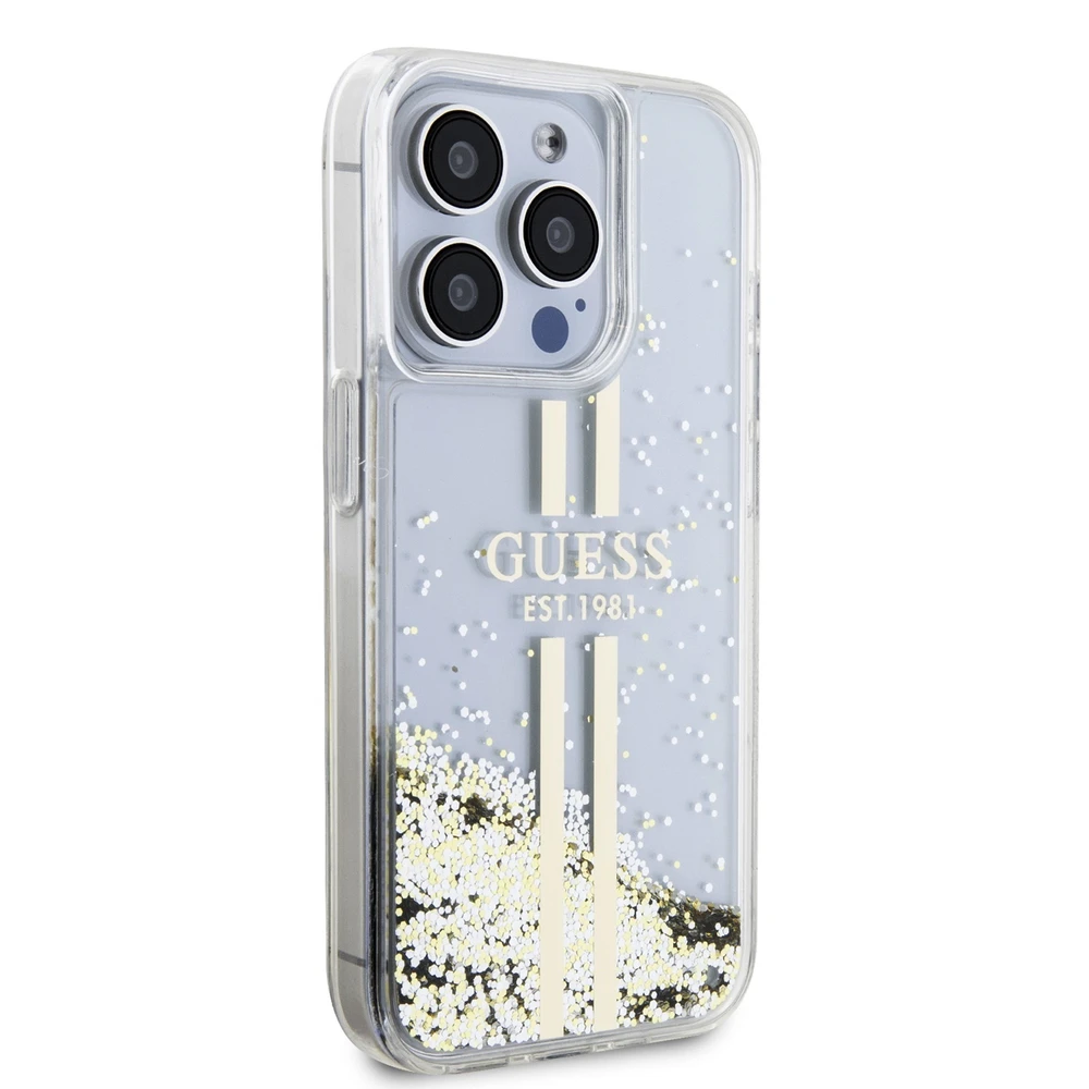 Dėklas GUESS GUHCP15LLFCSEGT IPHONE 15 PRO 6.1 "SKAIDRUS KIETAS DĖLĖLIS SKYSTOS BLIGAUS AUKSO JUOSTOS
