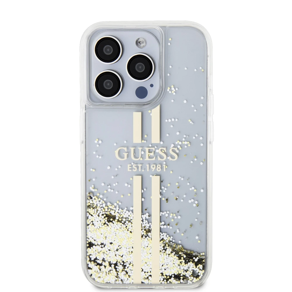 Dėklas GUESS GUHCP15LLFCSEGT IPHONE 15 PRO 6.1 "SKAIDRUS KIETAS DĖLĖLIS SKYSTOS BLIGAUS AUKSO JUOSTOS
