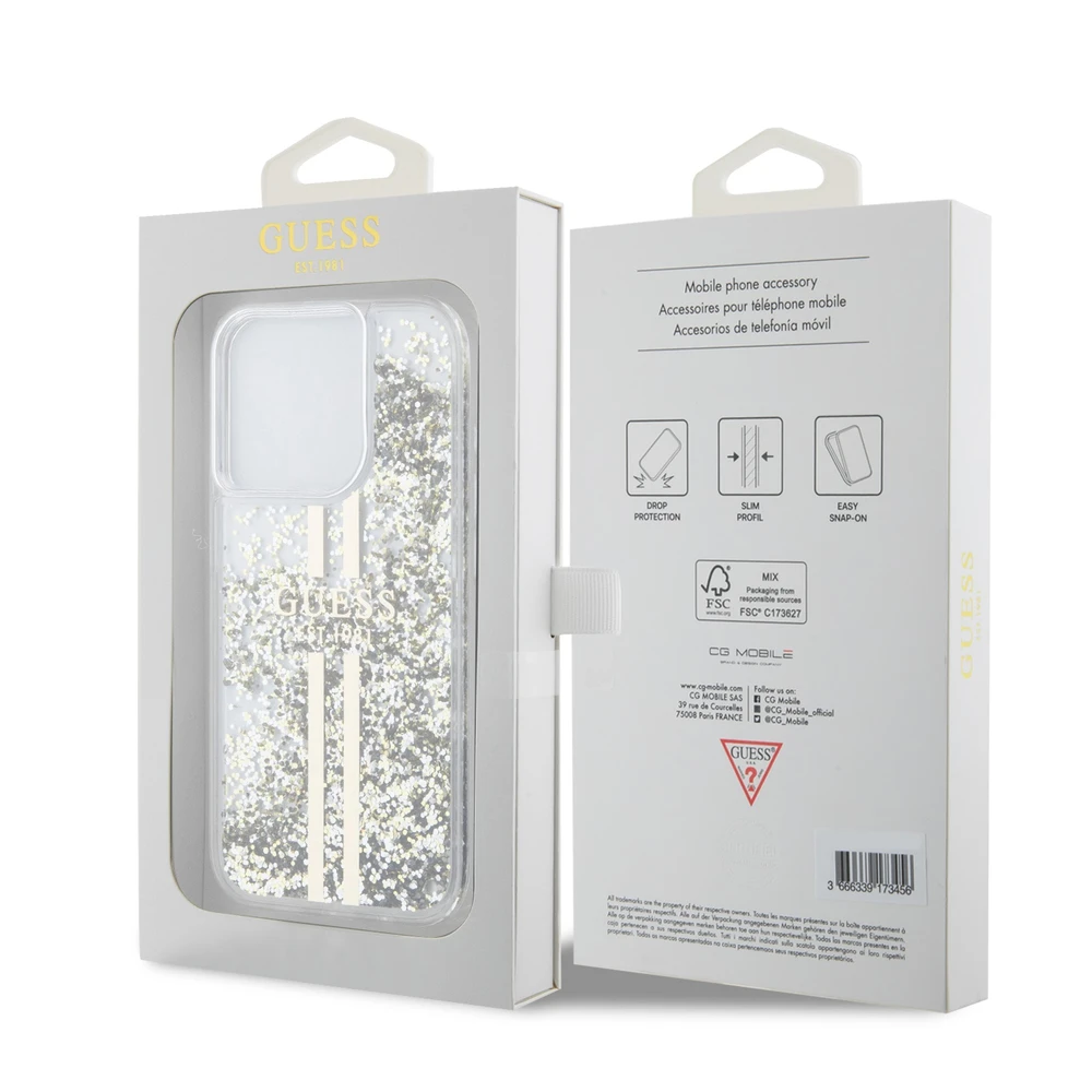 Dėklas GUESS GUHCP15LLFCSEGT IPHONE 15 PRO 6.1 "SKAIDRUS KIETAS DĖLĖLIS SKYSTOS BLIGAUS AUKSO JUOSTOS