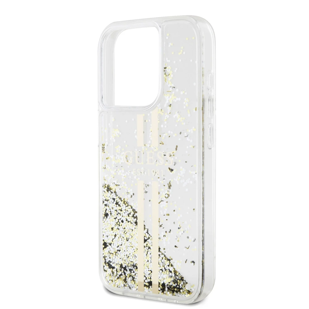 Dėklas GUESS GUHCP15LLFCSEGT IPHONE 15 PRO 6.1 "SKAIDRUS KIETAS DĖLĖLIS SKYSTOS BLIGAUS AUKSO JUOSTOS