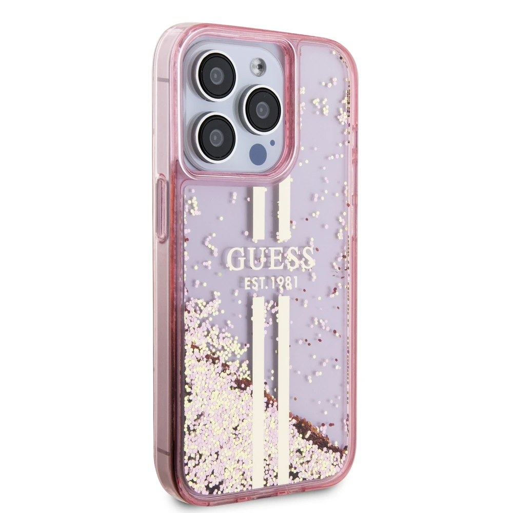Apple iPhone 15 Pro Guess dėklas Liquid Glitter Gold Stripes (GUHCP15LLFCSEGP) rožinės spalvos