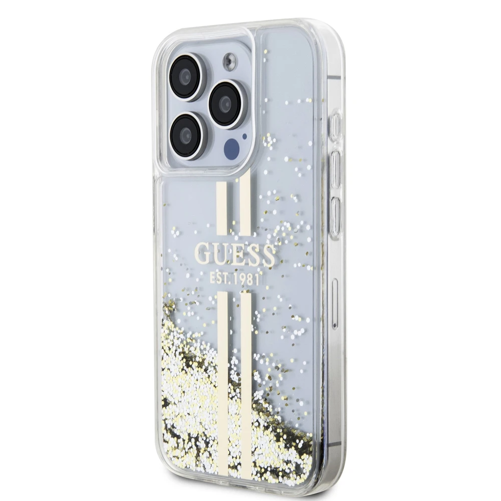 Dėklas GUESS GUHCP15LLFCSEGT IPHONE 15 PRO 6.1 "SKAIDRUS KIETAS DĖLĖLIS SKYSTOS BLIGAUS AUKSO JUOSTOS