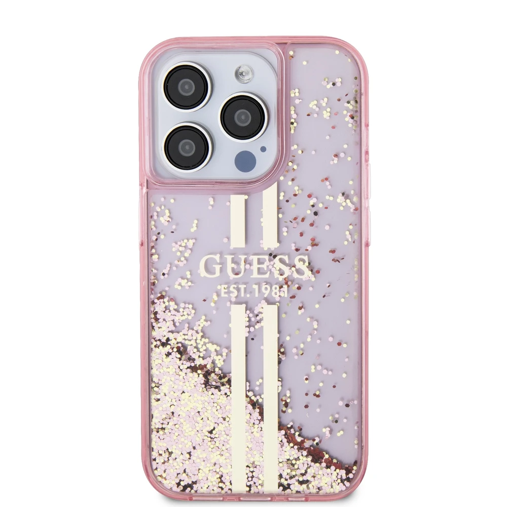 Apple iPhone 15 Pro Guess dėklas Liquid Glitter Gold Stripes (GUHCP15LLFCSEGP) rožinės spalvos
