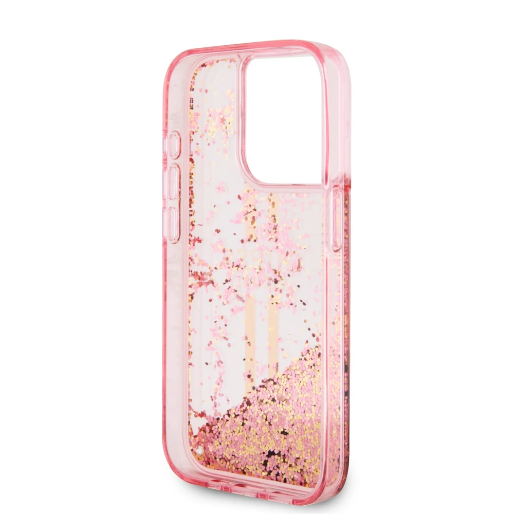 Apple iPhone 15 Pro Guess dėklas Liquid Glitter Gold Stripes (GUHCP15LLFCSEGP) rožinės spalvos