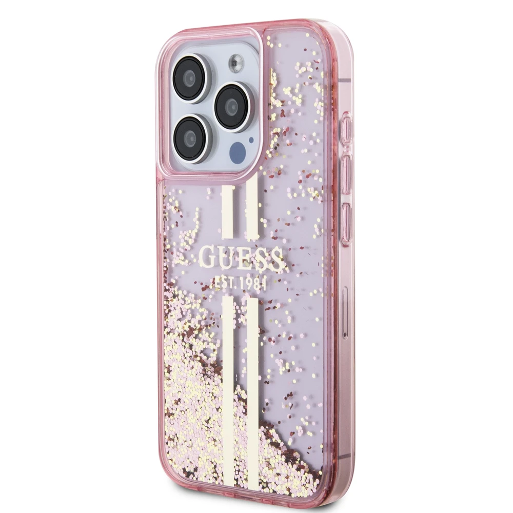Apple iPhone 15 Pro Guess dėklas Liquid Glitter Gold Stripes (GUHCP15LLFCSEGP) rožinės spalvos