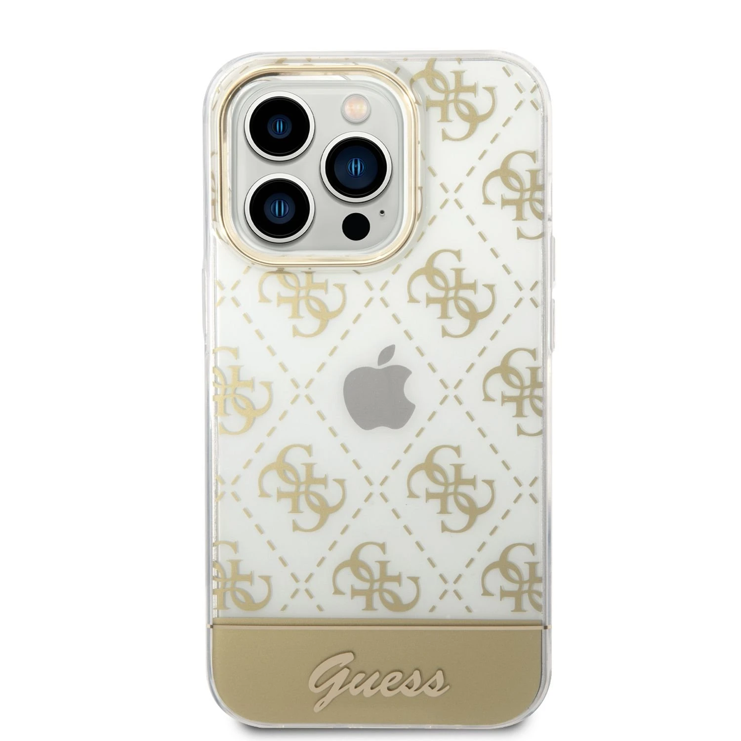 Guess GUHCP14XHG4MHG Apple iPhone 14 Pro Max6,7" auksinis kietasis dėklas 4G modelio scenarijus