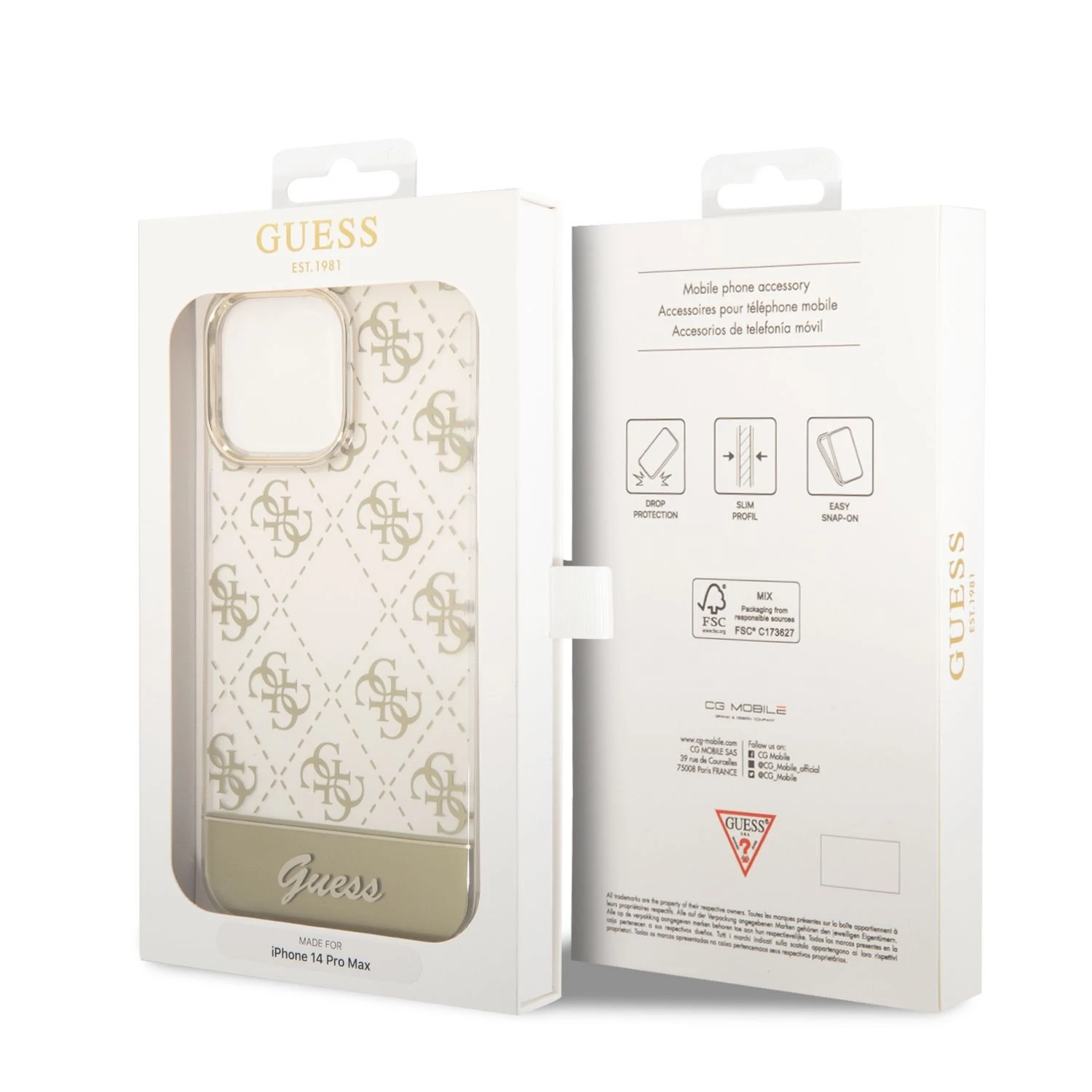Guess GUHCP14XHG4MHG Apple iPhone 14 Pro Max6,7" auksinis kietasis dėklas 4G modelio scenarijus
