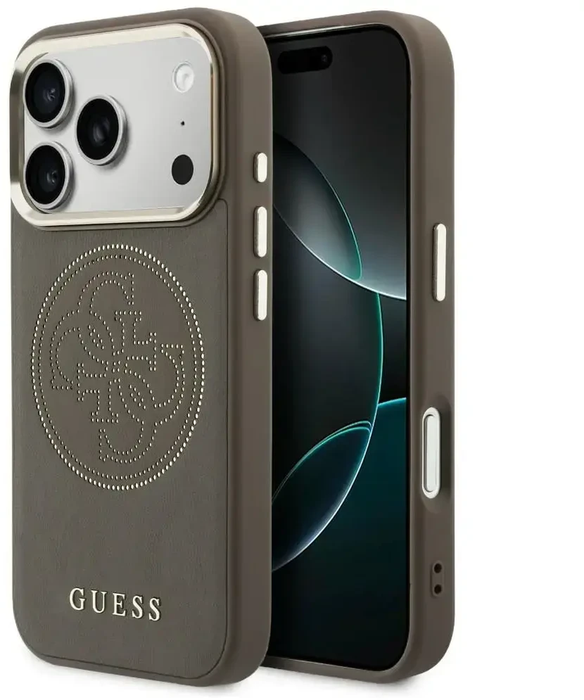 Guess Perforated 4G MagSafe dėklas iPhone 17 Pro Max, rudas