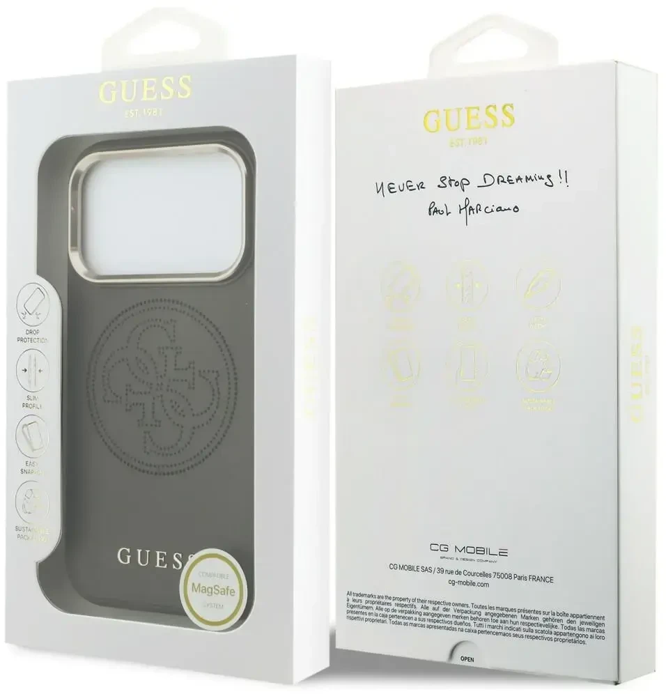 Guess Perforated 4G MagSafe dėklas iPhone 17 Pro Max, rudas