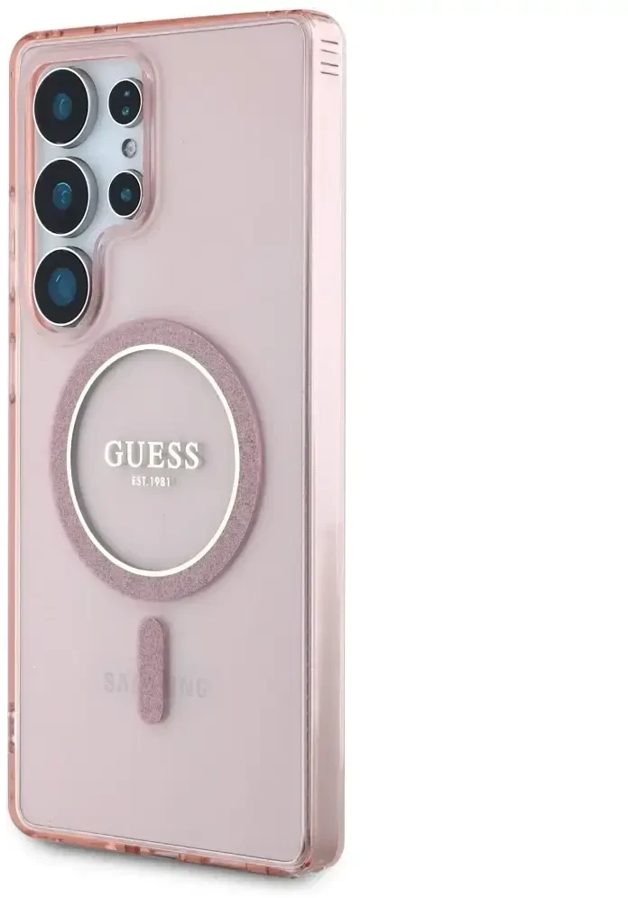 Dėklas Guess Glitter Circle Classic Logo MagSafe skirtas Samsung Galaxy S25 Ultra rožinės spalvos
