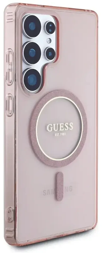 Dėklas Guess Glitter Circle Classic Logo MagSafe skirtas Samsung Galaxy S25 Ultra rožinės spalvos