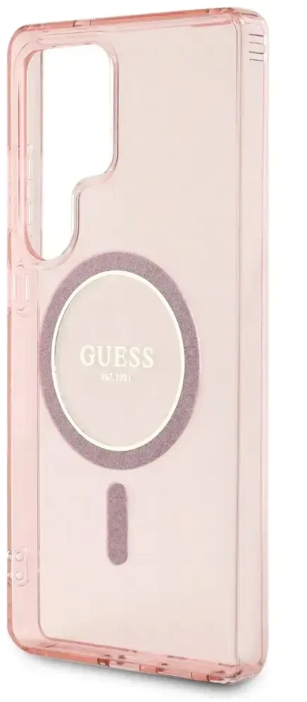 Dėklas Guess Glitter Circle Classic Logo MagSafe skirtas Samsung Galaxy S25 Ultra rožinės spalvos
