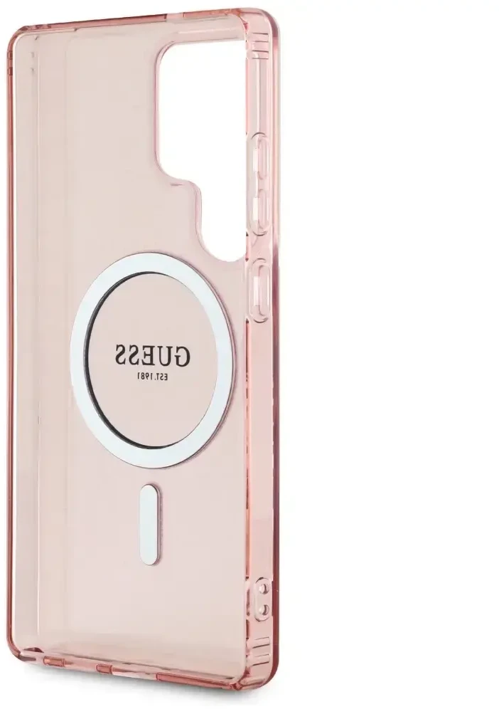 Dėklas Guess Glitter Circle Classic Logo MagSafe skirtas Samsung Galaxy S25 Ultra rožinės spalvos