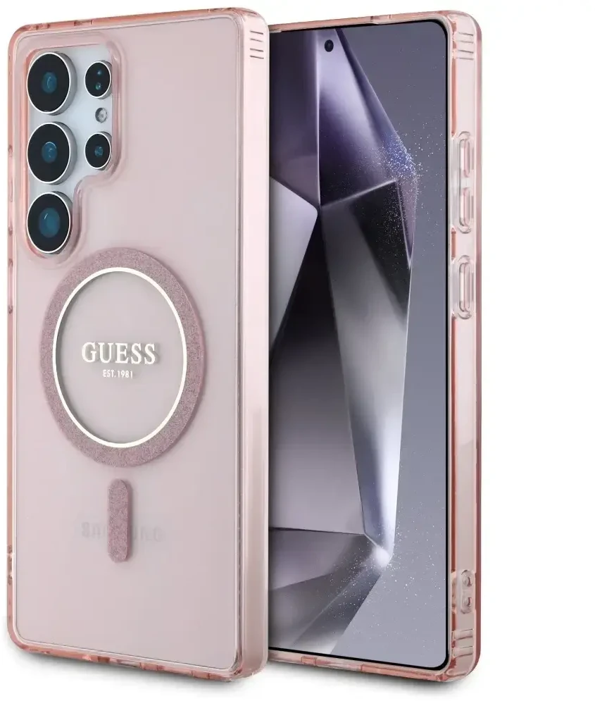 Dėklas Guess Glitter Circle Classic Logo MagSafe skirtas Samsung Galaxy S25 Ultra rožinės spalvos