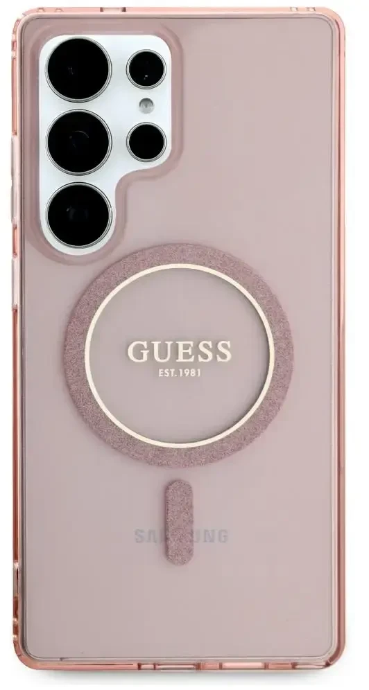 Dėklas Guess Glitter Circle Classic Logo MagSafe skirtas Samsung Galaxy S25 Ultra rožinės spalvos