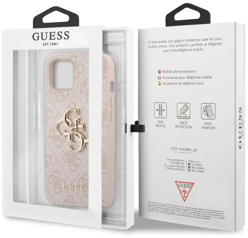 Guess - Guess PU 4G metalinis dėklas su logotipu, skirtas iPhone 13 telefonui Rožinė