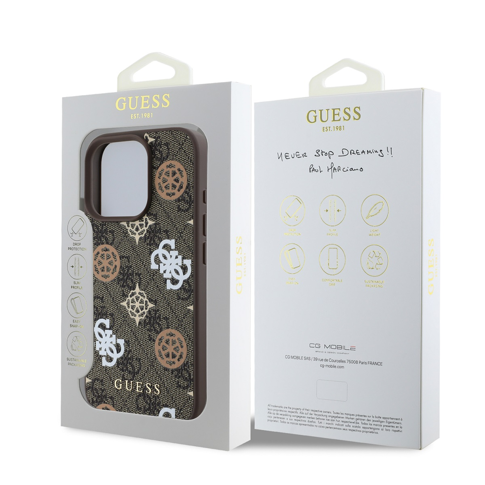 Guess PU 4G Peony MagSafe Apple iPhone 16 Pro dėklas telefonui rudos spalvos