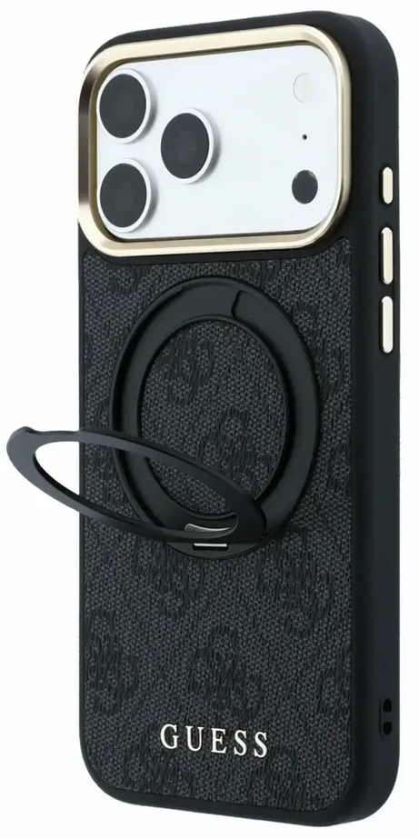 Dėklas Guess Ring Stand 360 4G Classic Logo MagSafe Case, skirta iPhone 17 Pro Max / 18 Pro Max - Juoda