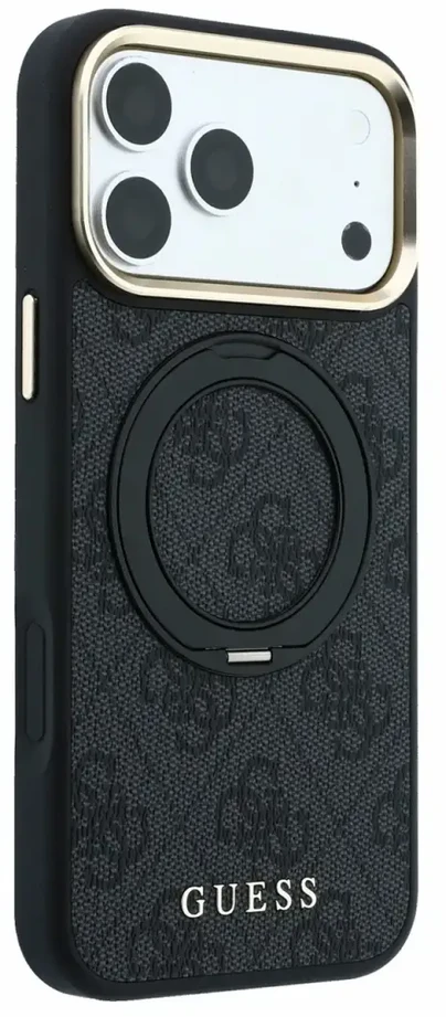 Dėklas Guess Ring Stand 360 4G Classic Logo MagSafe Case, skirta iPhone 17 Pro Max / 18 Pro Max - Juoda
