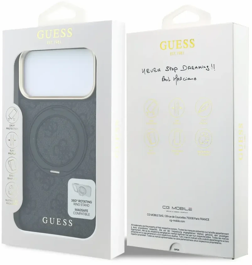 Dėklas Guess Ring Stand 360 4G Classic Logo MagSafe Case, skirta iPhone 17 Pro Max / 18 Pro Max - Juoda
