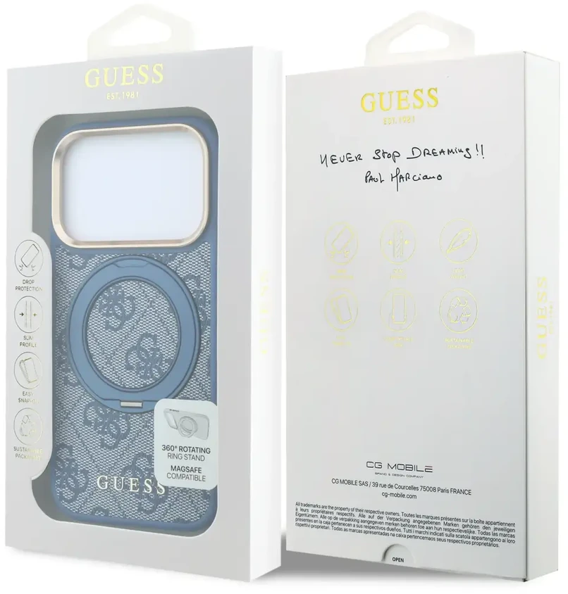 Dėklas Guess PU 4G Ring Stand MagSafe Case, skirtas iPhone 18 Pro, mėlynas