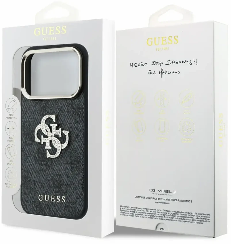 Dėklas Guess PU 4G Strass Metal Logo Case for iPhone 18 Pro Juodas