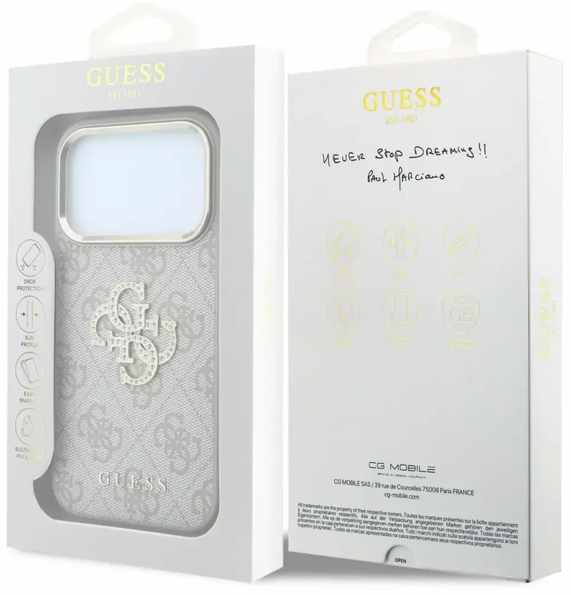 Dėklas Guess PU 4G Strass Metal Logo Case for iPhone 18 Pro Max Rožinė