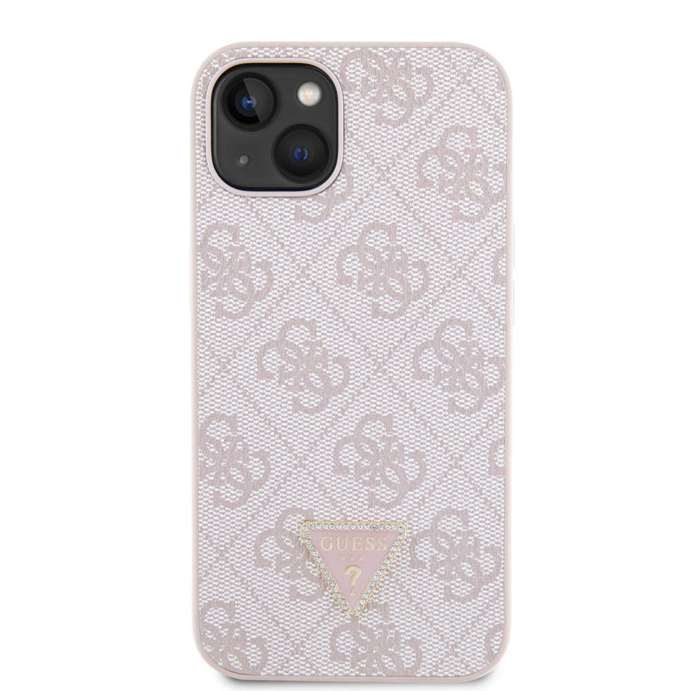 Guess PU 4G Strass Triangle Metal Logo dėklas skirtas Apple iPhone 15 rožinės spalvos