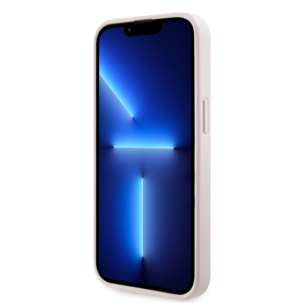 Guess PU 4G Strass Triangle Metal Logo dėklas skirtas Apple iPhone 15 rožinės spalvos