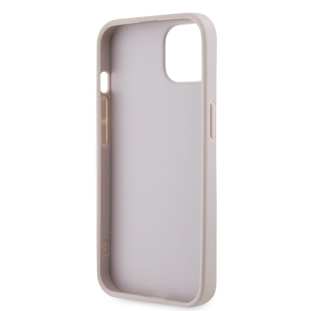 Guess PU 4G Strass Triangle Metal Logo dėklas skirtas Apple iPhone 15 rožinės spalvos