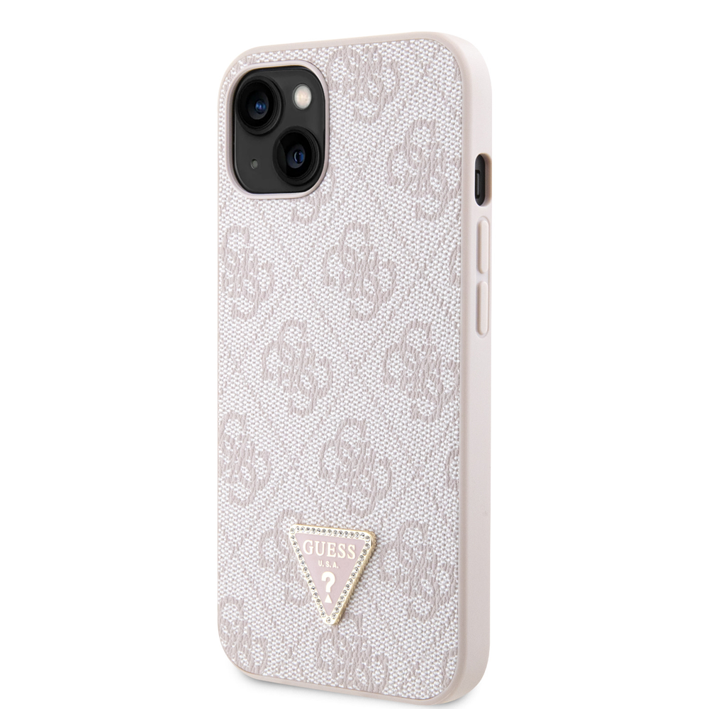 Guess PU 4G Strass Triangle Metal Logo dėklas skirtas Apple iPhone 15 rožinės spalvos