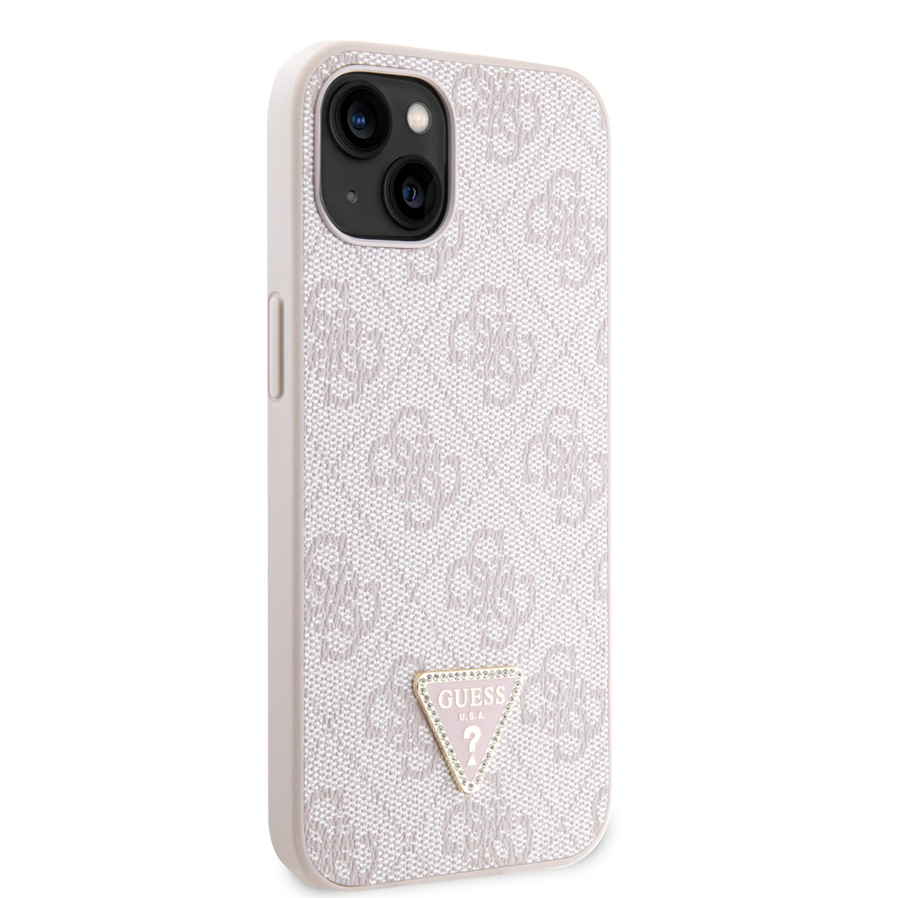 Guess PU 4G Strass Triangle Metal Logo dėklas skirtas Apple iPhone 15 rožinės spalvos