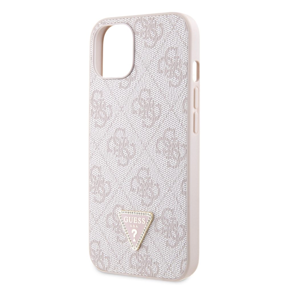 Guess PU 4G Strass Triangle Metal Logo dėklas skirtas Apple iPhone 15 rožinės spalvos