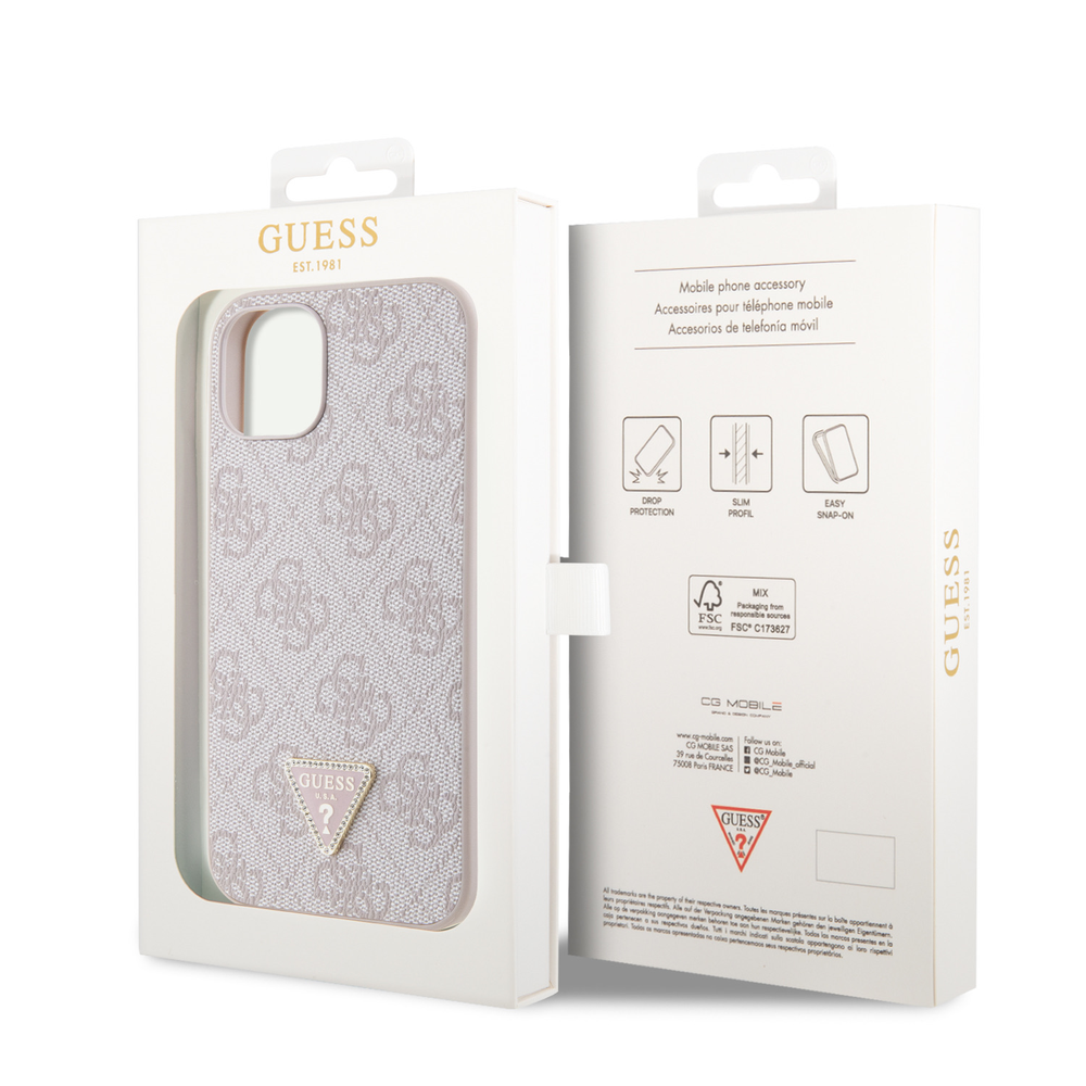 Guess PU 4G Strass Triangle Metal Logo dėklas skirtas Apple iPhone 15 rožinės spalvos