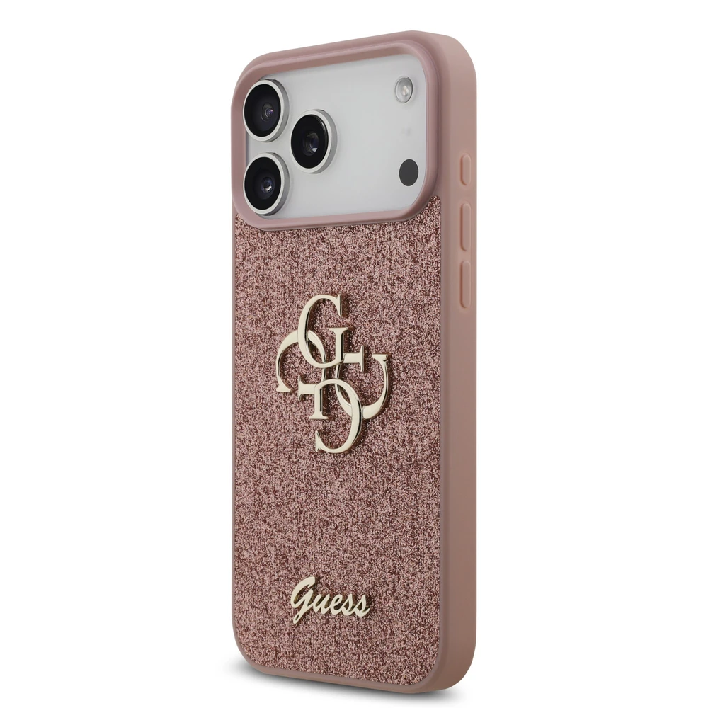 Guess PU Fixed Glitter 4G Metal Logo dėklas, skirtas iPhone 17 Pro Max, rožinės spalvos