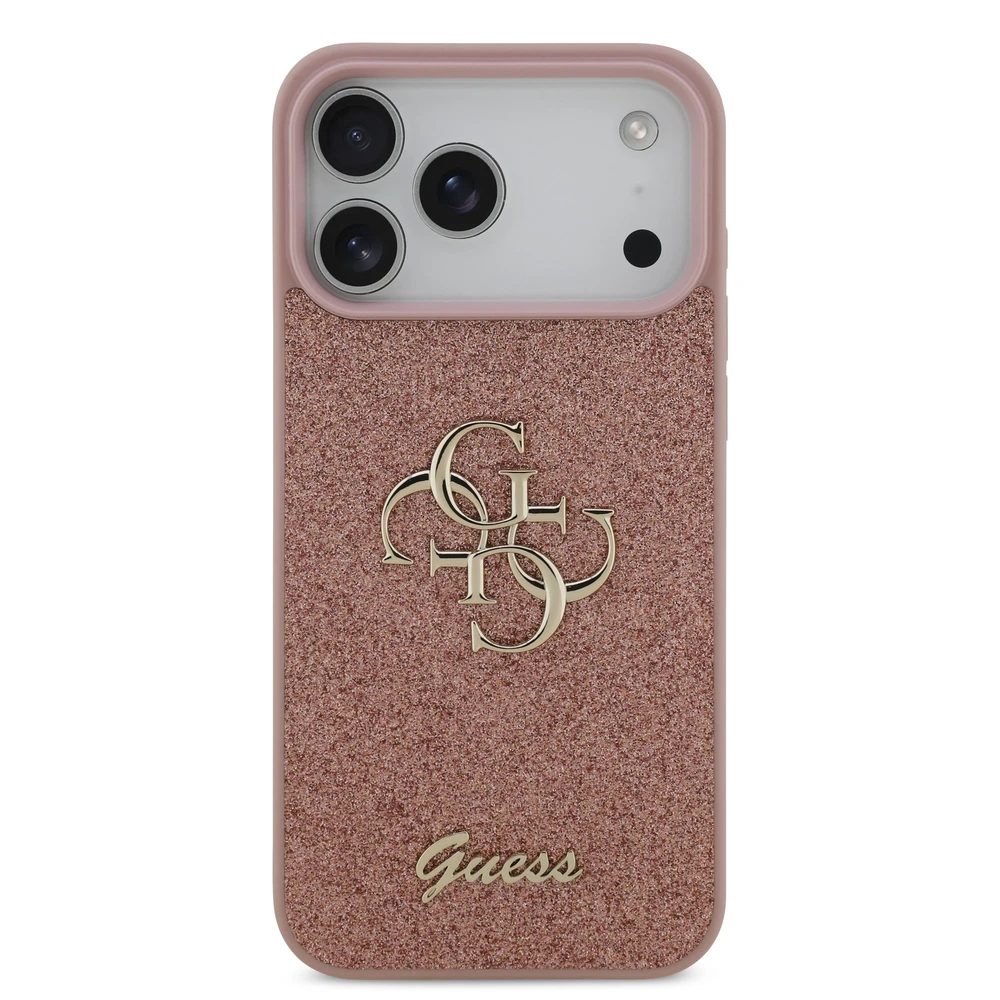 Guess PU Fixed Glitter 4G Metal Logo dėklas, skirtas iPhone 17 Pro Max, rožinės spalvos
