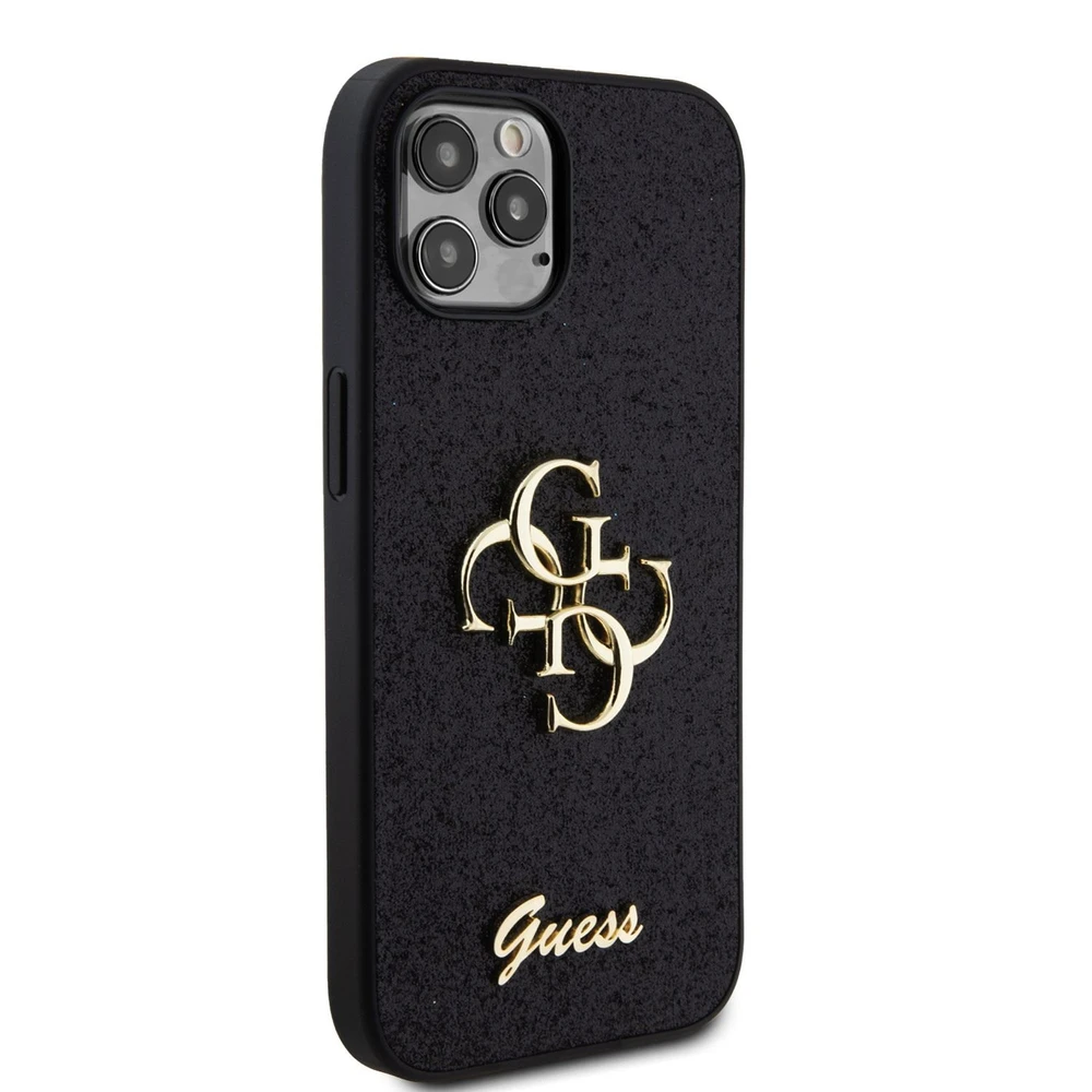 Guess PU Fixed Glitter 4G Metal Logo dėklas telefonui Apple iPhone 12/12 Pro juodos spalvos