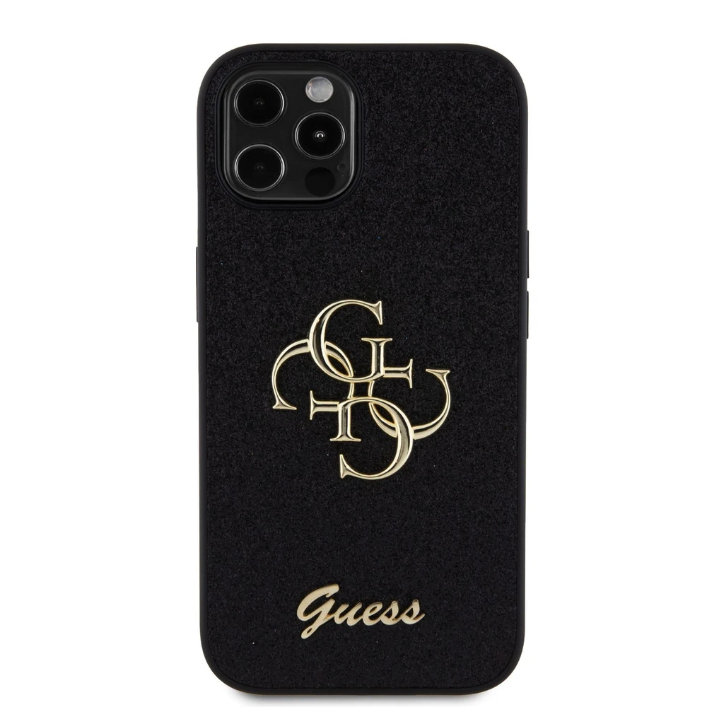 Guess PU Fixed Glitter 4G Metal Logo dėklas telefonui Apple iPhone 12/12 Pro juodos spalvos