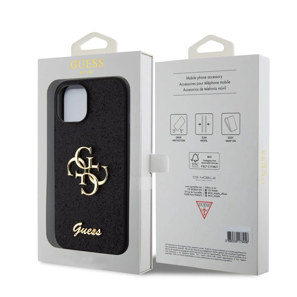 Guess PU Fixed Glitter 4G Metal Logo dėklas telefonui Apple iPhone 12/12 Pro juodos spalvos