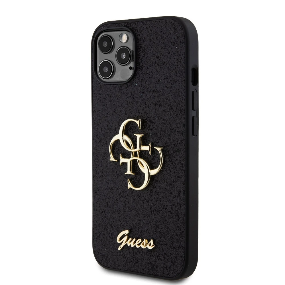 Guess PU Fixed Glitter 4G Metal Logo dėklas telefonui Apple iPhone 12/12 Pro juodos spalvos