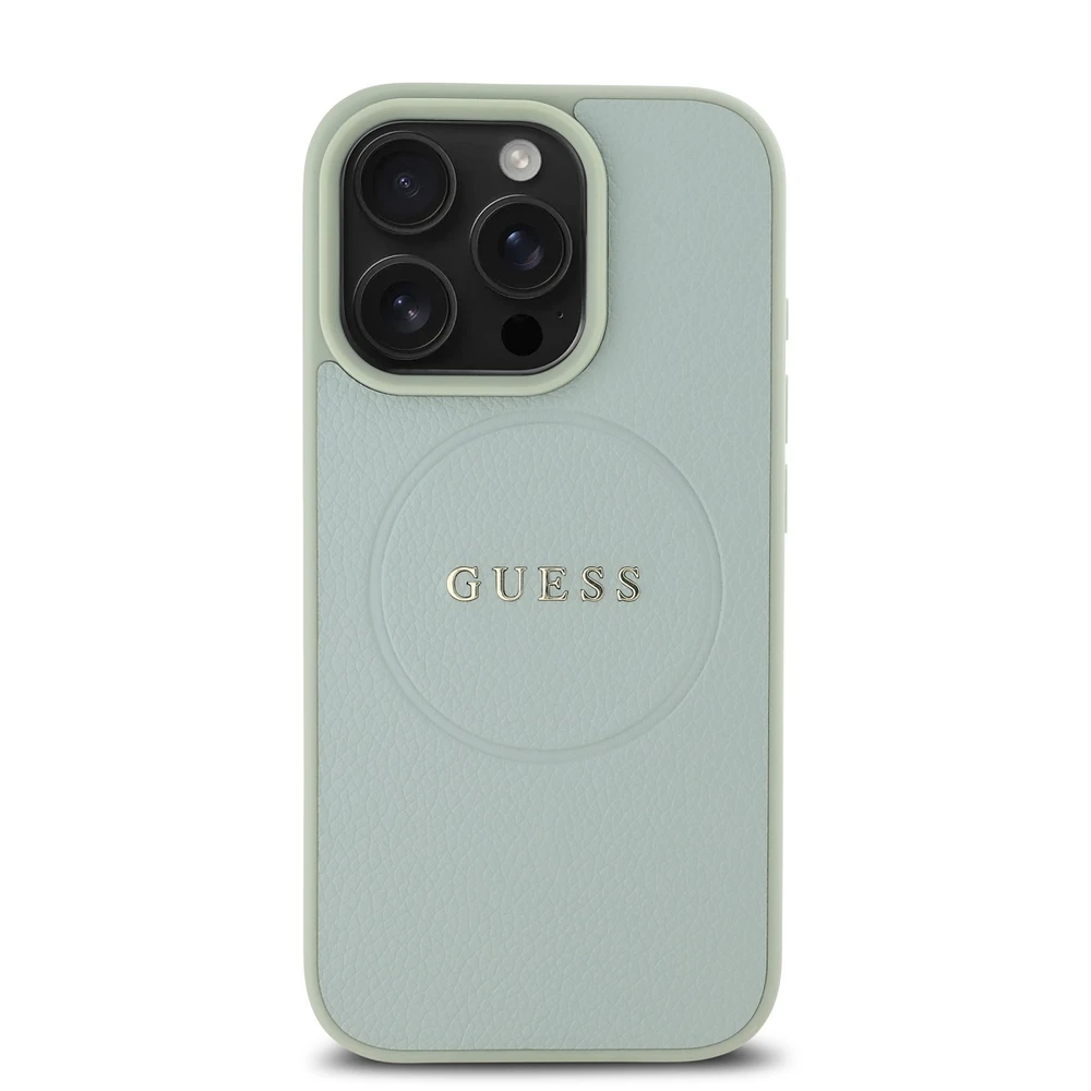 Guess PU Grained Classic Logo MagSafe dėklas skirtas Apple iPhone 16 Pro žalios spalvos