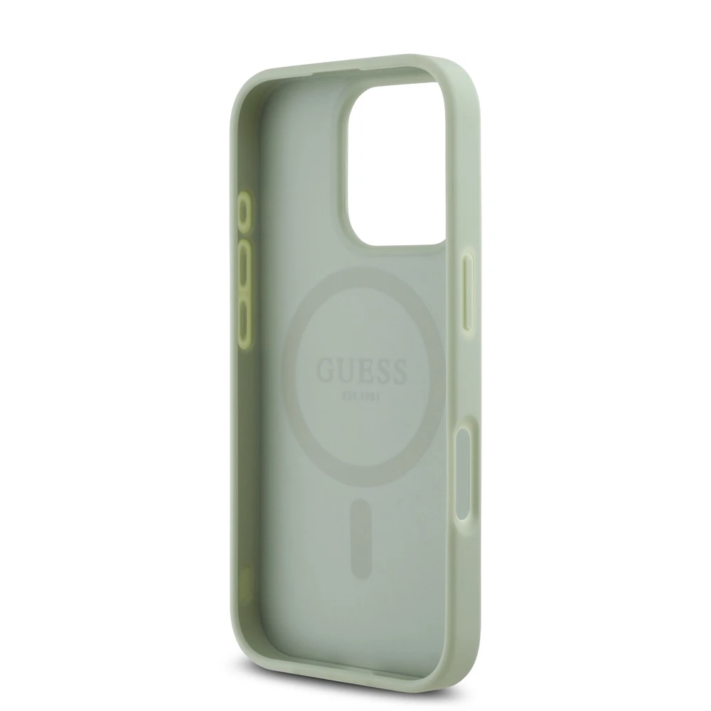 Guess PU Grained Classic Logo MagSafe dėklas skirtas Apple iPhone 16 Pro žalios spalvos