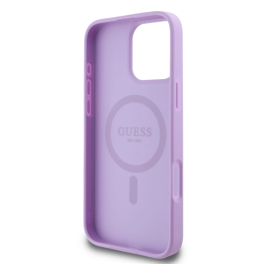 Guess PU Grained Classic Logo MagSafe Apple iPhone 16 Pro Max dėklas telefonui violetinės spalvos