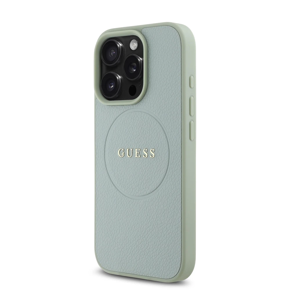 Guess PU Grained Classic Logo MagSafe dėklas skirtas Apple iPhone 16 Pro žalios spalvos