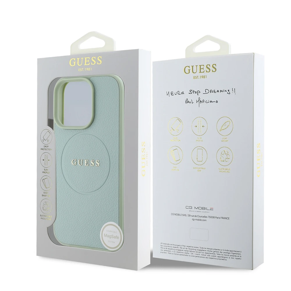 Guess PU Grained Classic Logo MagSafe dėklas skirtas Apple iPhone 16 Pro žalios spalvos